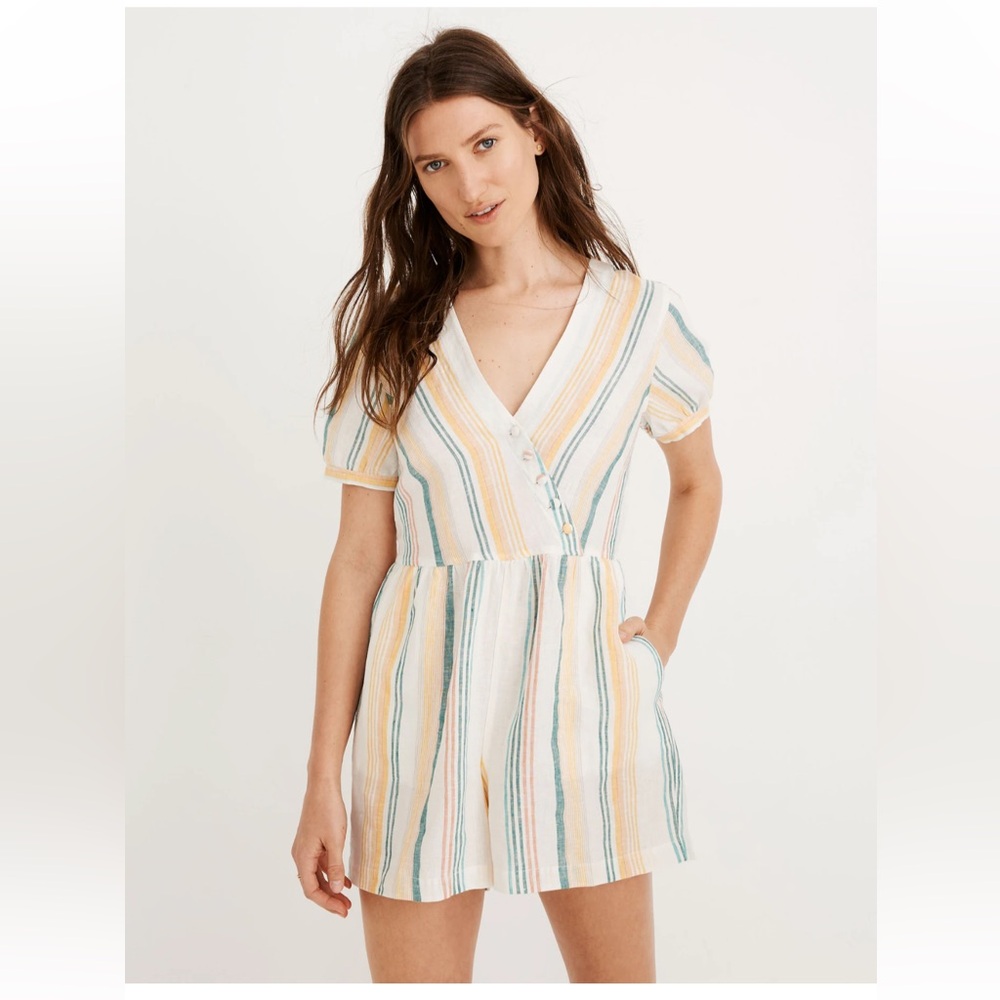 Madewell Linen Button-Wrap Romper in Stripe NWT